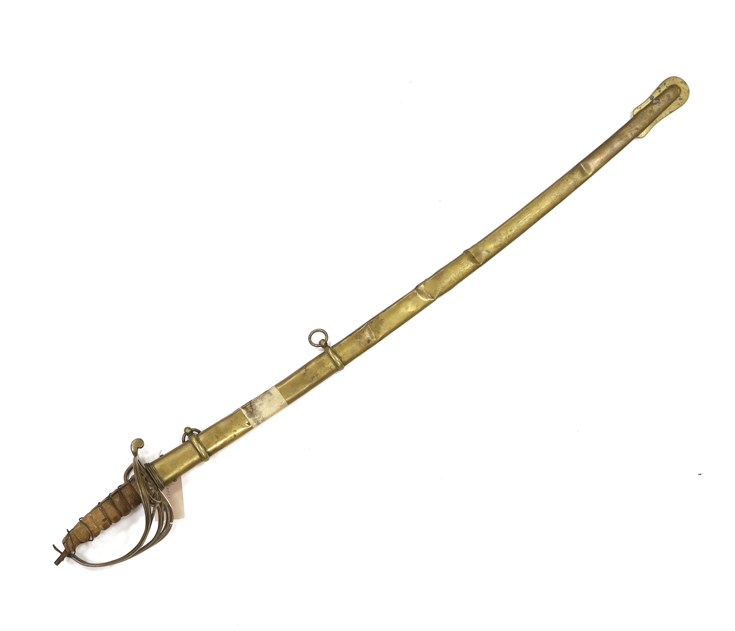 A scarce 1845 pattern infantry officer’s sword to the Penang Police, with regulation hilt, incomplete in its brass scabbard, blade 82cm